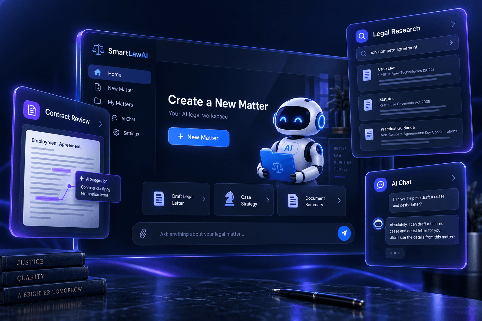 Illustrated SmartLawAI workspace with New Matter, My Matters, AI Chat, Contract Review, Legal Research, Draft Legal Letter, Case Strategy, and Document Summary, alongside a robot assistant.
