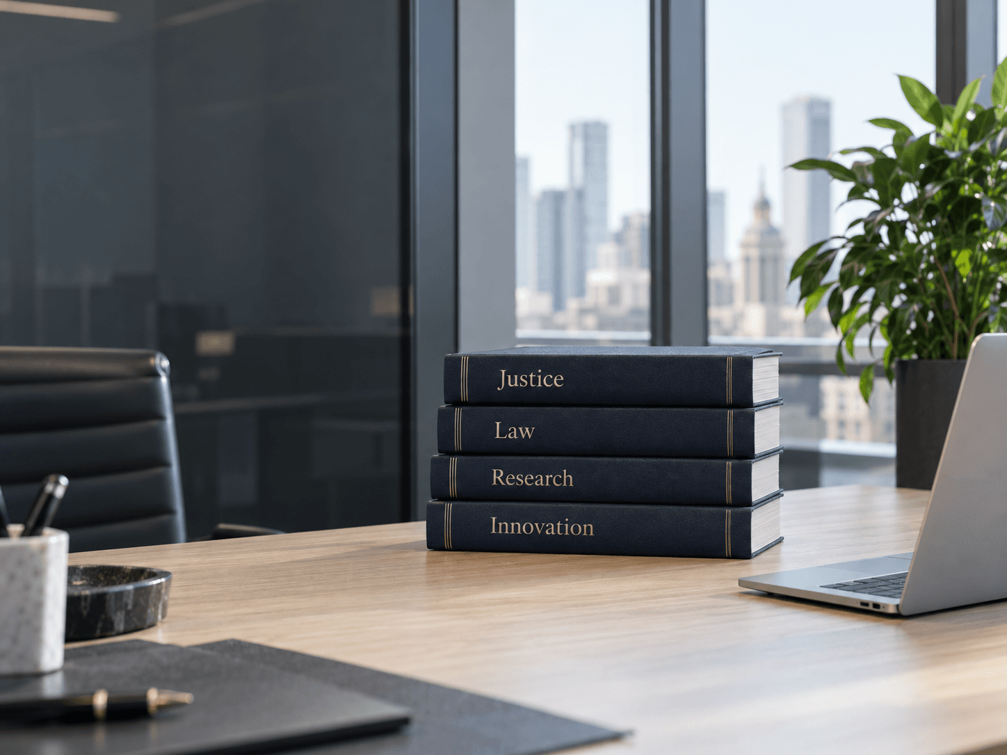 Legal books and a laptop on a desk in a modern law office