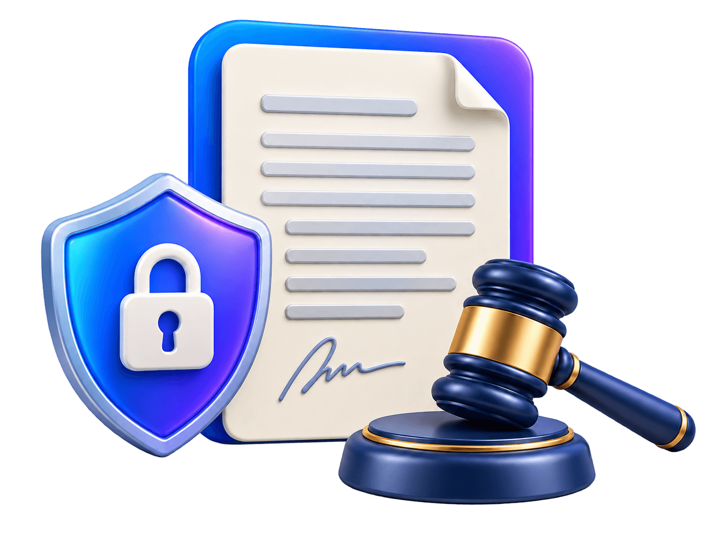 Legal document, security shield, and gavel in SmartLawAI’s blue and purple colors