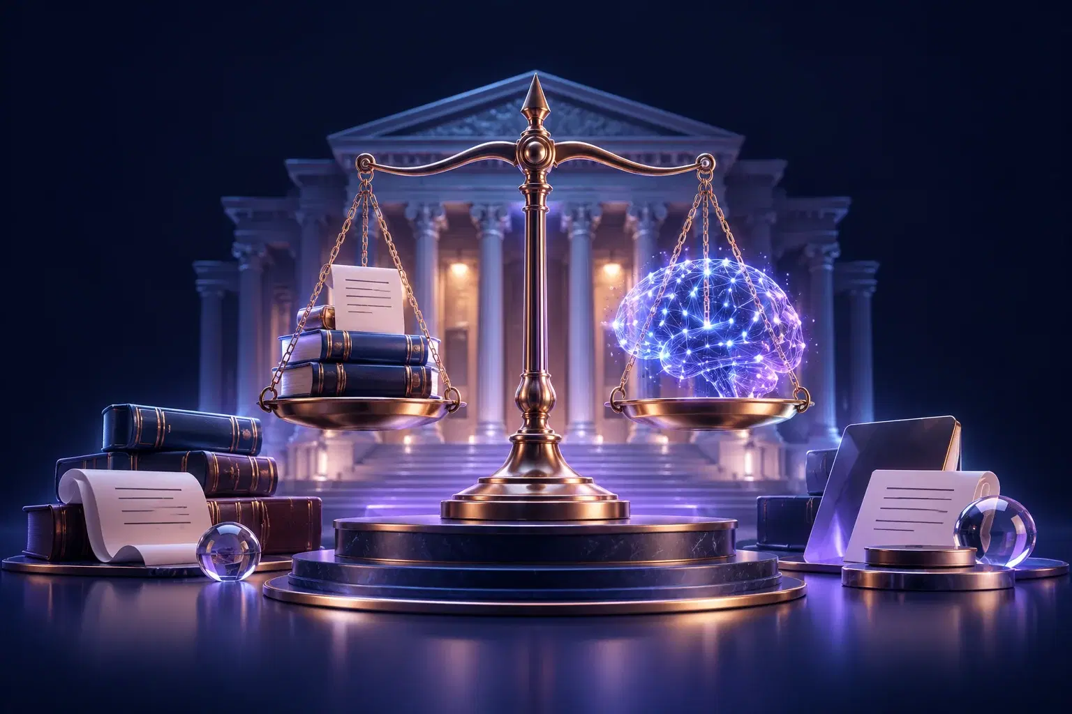 Justice scales balancing legal books and an AI network before a courthouse
