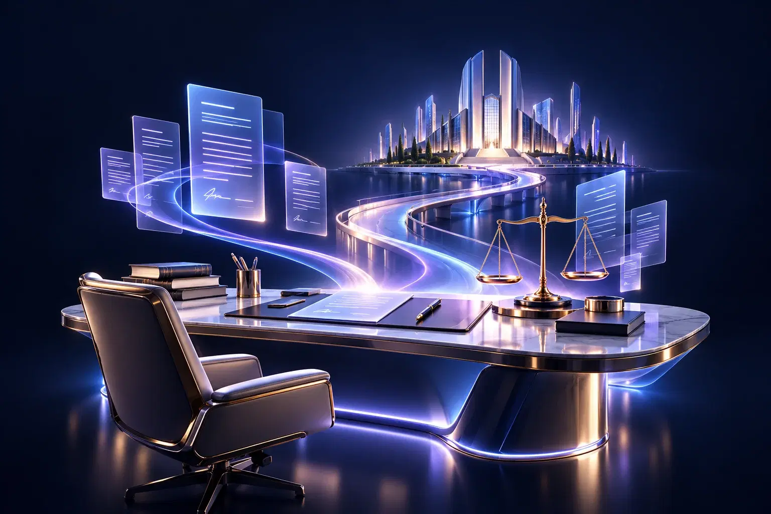 A future legal desk connected to holographic documents and modern architecture