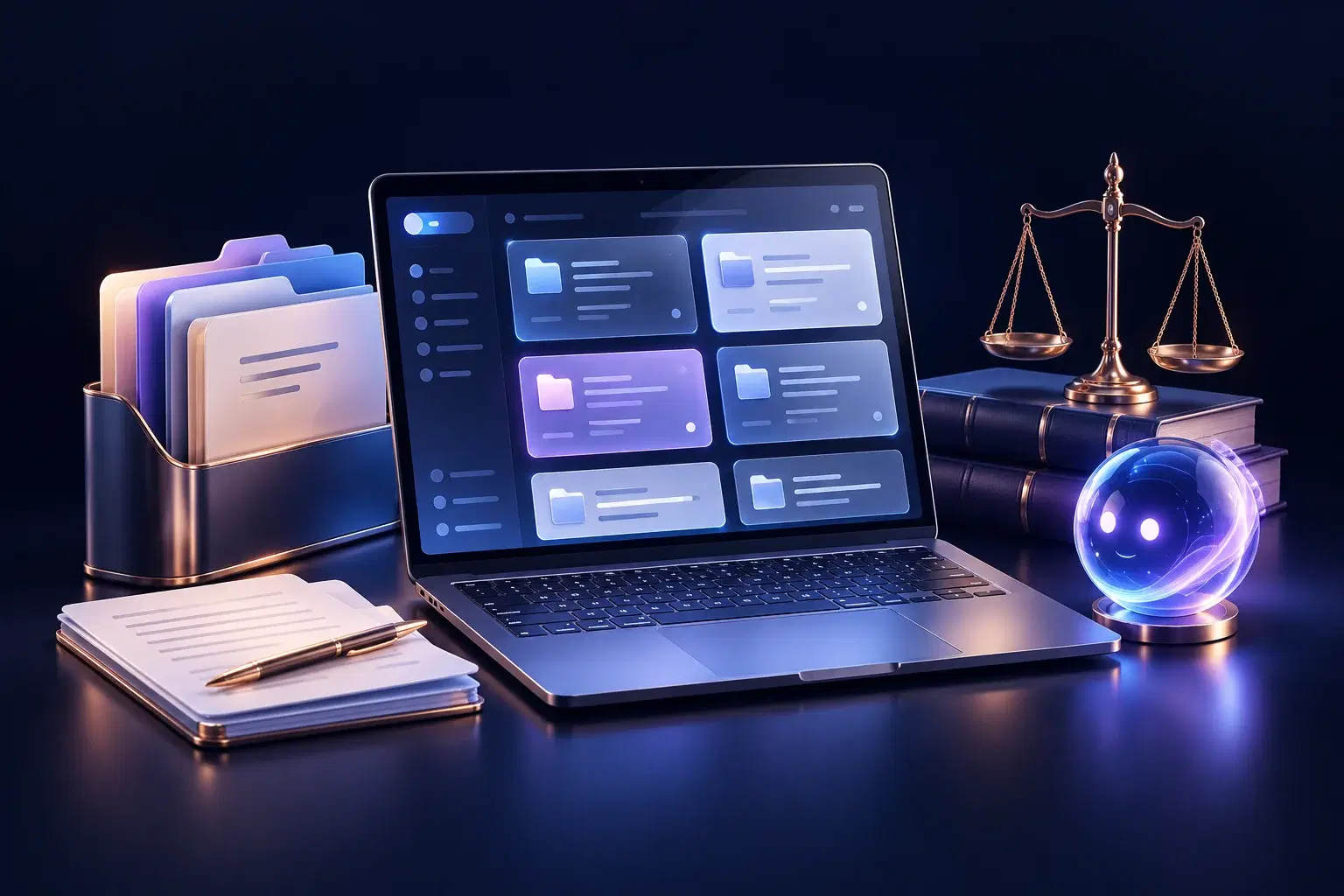 A laptop workspace with organized legal matters and an AI assistant