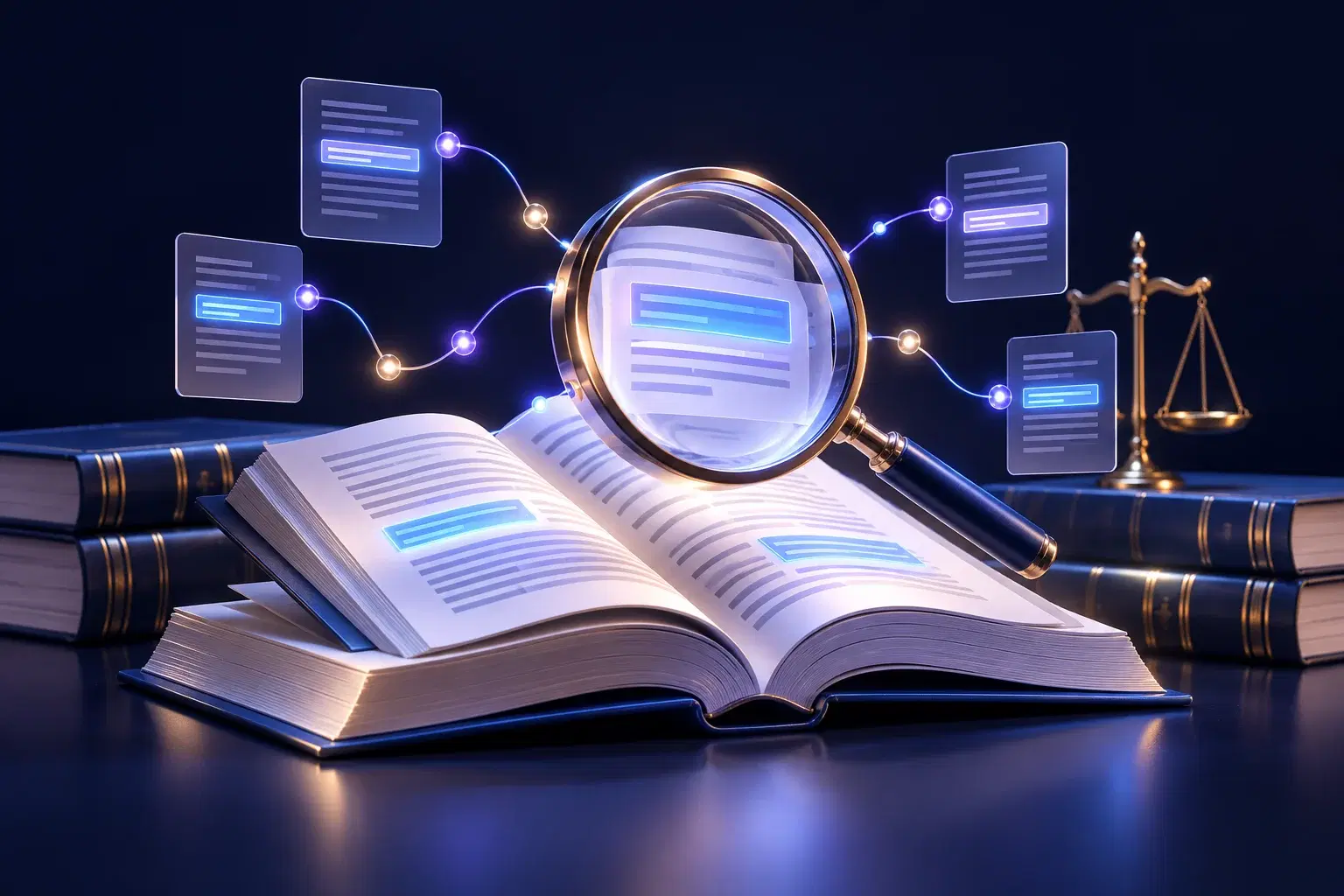 A magnifying glass connecting highlighted legal research passages