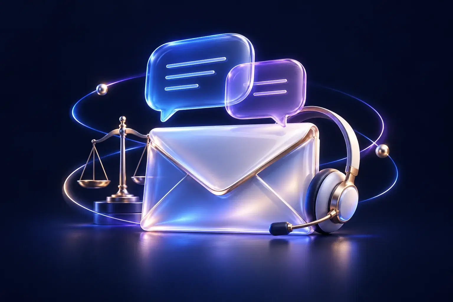 An envelope, conversation bubbles and a headset representing legal support